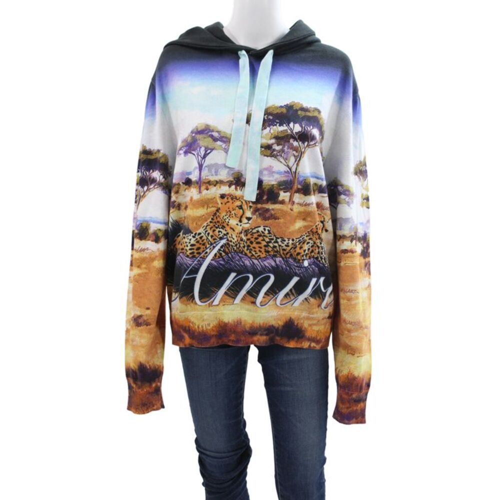 Amiri Mens Pullover Animal Print Cotton Sweater Long Sleeve Black Size S